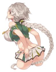 Rule 34 | 10s, 1girl, ass, bad id, bad twitter id, bare shoulders, braid, braided ponytail, breasts, cloud print, embarrassed, female focus, from behind, hands on ass, kantai collection, large breasts, long hair, looking at viewer, midriff, miniskirt, pokoten (pokoten718), short sleeves, silver hair, single braid, skirt, solo, strap gap, thighs, unryuu (kancolle), very long hair, wavy mouth, yellow eyes