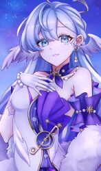 Rule 34 | 1girl, absurdres, bare shoulders, blue eyes, blue hair, breasts, choker, cleavage, commentary request, detached sleeves, dress, gloves, grin, hand on own chest, head wings, highres, honkai: star rail, honkai (series), long hair, looking at viewer, noerujq, parted lips, purple choker, robin (honkai: star rail), short sleeves, small breasts, smile, solo, strapless, strapless dress, upper body, very long hair, white gloves, wings