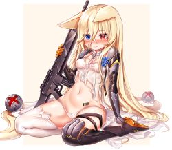 Rule 34 | 1girl, :3, absurdres, animal ears, arm support, assault rifle, asymmetrical legwear, babydoll, bad id, bad pixiv id, barcode, barcode tattoo, blonde hair, blue eyes, blue flower, blue rose, blush, breasts, cat ears, choker, closed mouth, commentary, crossed bangs, flower, frilled choker, frills, g41 (girls&#039; frontline), girls&#039; frontline, groin, gun, h&amp;k g41, hair between eyes, heterochromia, highres, honyang, long hair, low-tied long hair, mechanical arms, midriff, mismatched legwear, navel, open mouth, panties, reclining, red eyes, rifle, rose, shirt, single thighhigh, sitting, solo, stomach, tattoo, thighhighs, underwear, very long hair, wariza, weapon, white babydoll, white choker, white panties, white shirt, white thighhighs