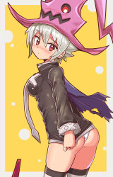 Rule 34 | 1girl, ass, black dress, blush, breasts, cape, cosplay, cougar (cougar1404), dragon: marked for death, dress, dress tug, embarrassed, empress (dmfd), from behind, hat, looking at viewer, medium breasts, pants, pink hat, platinum blonde hair, red eyes, shiny clothes, shiny skin, short dress, short hair, sideboob, solo, torn clothes, wedgie, witch (dmfd)
