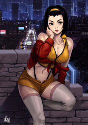 Rule 34 | 1girl, against wall, black hair, black panties, bob cut, breasts, cityscape, cleavage, collarbone, collared shirt, commentary, cowboy bebop, english commentary, faye valentine, female focus, forehead, front-tie top, green eyes, grey thighhighs, hairband, highleg, highleg panties, highres, large breasts, leg up, lipstick, makeup, midriff, navel, off shoulder, panties, red lips, ryu shou, shirt, short hair, shorts, sleeveless, solo, suspenders, thick eyebrows, thighhighs, underwear, yellow hairband, yellow shirt, yellow shorts