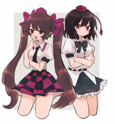 Rule 34 | 2girls, :/, :d, black bow, black hair, black necktie, black skirt, blouse, blush, bow, bowtie, brown eyes, brown hair, checkered clothes, checkered skirt, collared shirt, commentary, cropped legs, crossed arms, finger to mouth, frilled shirt collar, frilled skirt, frills, hair bow, hat, himekaidou hatate, long hair, looking at viewer, multicolored clothes, multicolored skirt, multiple girls, necktie, open mouth, puffy short sleeves, puffy sleeves, purple bow, purple headwear, purple skirt, red eyes, red headwear, ri (qrcode), ribbon-trimmed shirt, shameimaru aya, shirt, short hair, short sleeves, skirt, smile, tokin hat, touhou, twintails, very long hair, white shirt