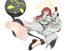 Rule 34 | 1girl, absurdres, ball and chain restraint, barefoot, feet, green eyes, guilty gear, highres, jack-o&#039; valentine, light blush, long hair, open mouth, red hair, shoes, single shoe, soles, toes
