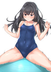 Rule 34 | 1girl, absurdres, arms up, ball, black hair, blue eyes, breasts, commentary request, competition school swimsuit, covered navel, exercise ball, hair intakes, highres, long hair, looking down, meri-san, one-piece swimsuit, school swimsuit, simple background, sitting, small breasts, solo, spread legs, swimsuit, thighs, tsurumi rumi, white background, yahari ore no seishun lovecome wa machigatteiru.