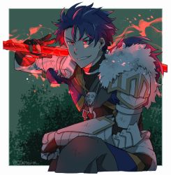 Rule 34 | 1boy, armor, blue hair, cu chulainn (fate), cu chulainn (fate/prototype), earrings, fate/prototype, fate (series), fur, gae bolg (fate), gauntlets, gloves, glowing, glowing weapon, grin, holding, holding weapon, hoop earrings, jewelry, long hair, male focus, necklace, polearm, ponytail, red eyes, smile, solo, spear, spiked hair, tozakuro s, type-moon, weapon
