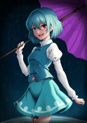 Rule 34 | 1girl, :d, absurdres, black background, blue eyes, blue hair, commentary, english commentary, hair between eyes, heterochromia, highres, holding, holding umbrella, open mouth, outdoors, purple umbrella, rain, red eyes, short hair, simple background, smacphadraig, smile, solo, tatara kogasa, teeth, touhou, umbrella, upper teeth only