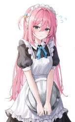 Rule 34 | 1girl, absurdres, apron, black dress, blue eyes, bocchi the rock!, bow, bowtie, cube hair ornament, dress, embarrassed, gotoh hitori, hair between eyes, hair ornament, highres, holding, long hair, looking at viewer, maid, maid apron, maid headdress, official alternate costume, one side up, pink hair, revision, short sleeves, sidelocks, solo, sweatdrop, tray, white background, wing collar, yam s2