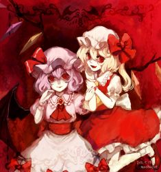 Rule 34 | 2girls, holding another&#039;s arm, artist name, ascot, bad id, bad pixiv id, bat wings, blonde hair, crystal, dated, dress, fang, flandre scarlet, hat, hat ribbon, holding own arm, light purple hair, looking at viewer, mary janes, mob cap, mochacot, multiple girls, nail polish, open mouth, pink dress, puffy sleeves, red background, red eyes, remilia scarlet, ribbon, sash, shirt, shoes, short hair, short sleeves, siblings, side ponytail, sisters, skirt, skirt set, smile, socks, touhou, vest, white legwear, wings, wrist cuffs