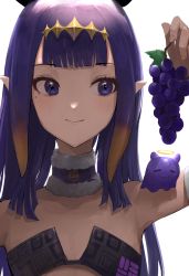 Rule 34 | 1girl, absurdres, black collar, blush, chan1moon, closed mouth, collar, flat chest, food, fruit, fur-trimmed collar, fur trim, grapes, highres, holding, holding food, holding fruit, hololive, hololive english, long hair, looking to the side, ninomae ina&#039;nis, pointy ears, purple eyes, purple hair, takodachi (ninomae ina&#039;nis), tentacle hair, virtual youtuber