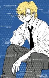 1boy black_necktie blonde_hair blue_background blue_eyes cigarette collared_shirt degrees_of_lewdity earrings eyebrow_piercing grey_pants head_rest highres holding holding_cigarette jewelry lastreunion looking_at_viewer male_focus multiple_earrings necktie pants piercing shirt short_hair simple_background solo white_shirt whitney_(degrees_of_lewdity) whitney_(male)_(degrees_of_lewdity)