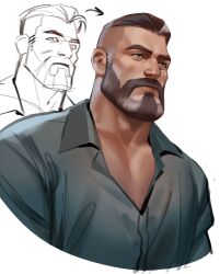 Rule 34 | 1boy, alternate costume, bara, beard, before and after, blue eyes, brimstone (valorant), brown hair, collared shirt, cropped torso, facial hair, grey hair, highres, looking away, male focus, mature male, muscular, muscular male, old, old man, pectoral cleavage, pectorals, sasha shkret, shirt, short hair, sketch, solo, thick eyebrows, two-tone beard, undercut, valorant