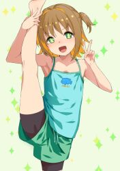 Rule 34 | 1girl, barefoot, bike shorts, bike shorts under shorts, blush, brown hair, camisole, green eyes, looking at viewer, multicolored hair, oka asahi, onii-chan wa oshimai!, open mouth, orange hair, shorts, smile, sody, solo, split, standing, standing on one leg, standing split, two-tone hair, two side up, v