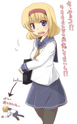 Rule 34 | 1girl, alice margatroid, all fours, blonde hair, blue eyes, female focus, hairband, highres, multiple views, pantyhose, ruku (alicecreation), school uniform, short hair, simple background, solo, standing, touhou, translated, tsundere, valentine, white background