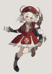 Rule 34 | 1girl, bag, boots, brown eyes, genshin impact, gloves, grey background, highres, klee (genshin impact), note nii, pointy ears, scarf, solo, white hair