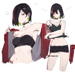 Rule 34 | 1girl, armpits, bare shoulders, black hair, breasts, choker, cleavage, commentary, crow (krouw), earrings, english commentary, green hair, hair over one eye, highres, jewelry, looking at viewer, multicolored hair, multiple views, navel, original, red hair, short hair, shorts, simple background, strapless, tube top, white background