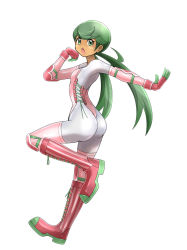 Rule 34 | 1girl, absurdres, alternate costume, arm up, ass, blush, bodystocking, boots, breasts, chestnut mouth, cosplay, creatures (company), cross-laced footwear, dark-skinned female, dark skin, female focus, from side, full body, game freak, gen 7 pokemon, gloves, green eyes, green hair, hand up, highres, knee boots, knee pads, leg up, leotard, long hair, looking at viewer, lurantis, lurantis (cosplay), mallow (pokemon), matching hair/eyes, nintendo, open mouth, outstretched arm, pink footwear, pink gloves, pink leotard, pink thighhighs, pokemon, pokemon sm, shiny clothes, shoukin500, simple background, small breasts, solo, standing, standing on one leg, strapless, strapless leotard, striped clothes, striped footwear, swept bangs, teeth, thighhighs, thong leotard, twintails, vambraces, white background