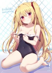 Rule 34 | 1girl, bare arms, bare shoulders, barefoot, black one-piece swimsuit, blonde hair, breasts, cleavage, closed mouth, clothes pull, commentary request, commission, covered navel, embarrassed, fence, floating hair, frown, full body, hair between eyes, hair intakes, hair ribbon, head tilt, hiraga matsuri, irotoridori no sekai, long hair, looking at viewer, nikaidou shinku, one-piece swimsuit, one-piece swimsuit pull, outdoors, poolside, pulling own clothes, red eyes, red ribbon, ribbon, school uniform, signature, simple background, sitting, skeb commission, small breasts, solo, sweatdrop, swimsuit, thighs, two side up, undressing, very long hair, wariza, white background