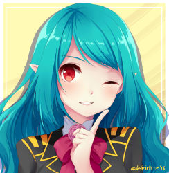 Rule 34 | 1girl, absurdres, aqua hair, artist name, blush, border, bow, character request, chiiririn, female focus, flower, highres, long hair, looking at viewer, pink bow, pointy ears, red eyes, smile, solo, striped, striped background, wink