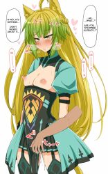 Rule 34 | ahoge, animal ears, atalanta (fate), blonde hair, blush, grabbing another&#039;s breast, breasts, breasts out, cat ears, cat tail, demekyon, covered erect nipples, fate/apocrypha, fate (series), grabbing, green eyes, green hair, heavy breathing, highres, multicolored hair, nipples, pussy juice, small breasts, tail, thighs, white background