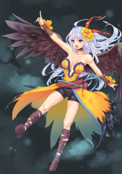 Rule 34 | 1girl, bare shoulders, bike shorts, black wings, blue hair, breasts, dress, flower, full body, hair flower, hair ornament, hairband, highres, ichirou (b-led), long hair, open mouth, ribbon, rocbouquet (saga), romancing saga 2, romancing saga re;universe, saga, simple background, solo, thighhighs, wings