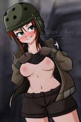 Rule 34 | 1girl, absurdres, black gloves, black shirt, black shorts, blush, breasts, brown eyes, brown hair, brown jacket, clothes lift, commentary, cowboy shot, emblem, english commentary, girls und panzer, gloves, green headwear, grin, helmet, helmet-chan (girls und panzer), highres, jacket, lifting own clothes, long sleeves, looking at viewer, medium breasts, military, military uniform, navel, nipples, open clothes, open jacket, saunders military uniform, shiijeikun, shirt, shirt lift, short hair, short shorts, shorts, sidelocks, smile, solo, standing, star (symbol), tank helmet, twitter username, uniform