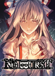 Rule 34 | 1girl, bow, check commentary, collared shirt, colored eyelashes, comic, comic cover, commentary, commentary request, english text, fujiwara no mokou, hair bow, hand on own chest, hand over heart, highres, hime cut, long hair, long sleeves, looking down, open mouth, pants, red eyes, red pants, shirt, sidelocks, sleeve garter, suspenders, teeth, title, touhou, u u zan, upper body, v-shaped eyebrows, very long hair, white bow, white hair, white shirt
