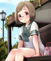 Rule 34 | 1girl, absurdres, arm support, bag, blue sky, blurry, blurry background, blush, bow, brown eyes, brown hair, cloud, collarbone, day, depth of field, dress, glasses, green bow, green sailor collar, hair ornament, hairclip, handbag, highres, ichigo mashimaro, kozue akari, lamppost, looking at viewer, outdoors, parted lips, sailor collar, sailor dress, sakuragi matsuri, short sleeves, sitting, sky, solo, swept bangs, white dress
