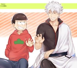 Rule 34 | 10s, 2boys, bad id, bad twitter id, black hair, bowl cut, crossover, denim, gintama, hand in pocket, hood, hoodie, japanese clothes, jeans, kimono, looking at another, male focus, matsuno osomatsu, mery (yangmalgage), messy hair, multicolored background, multiple boys, osomatsu-kun, osomatsu-san, osomatsu (series), pants, sakata gintoki, silver hair, simple background, sitting, smile, trait connection, twitter username