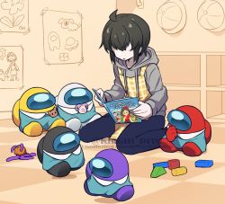 Rule 34 | 6+others, ahoge, among us, apron, badge, black (among us), blue pants, book, brown hair, bug, checkered apron, checkered clothes, checkered floor, child&#039;s drawing, commentary request, disembodied hand, floor, flower, grey hoodie, hat, hood, hood down, hoodie, kiman, kindergarten uniform, multiple others, no eyes, original, pacifier, pants, purple (among us), reading, red (among us), school hat, sitting, snow white, snow white and the seven dwarfs, spacesuit, sun, they (kiman), toy block, twitter username, ufo, wariza, watermark, white (among us), yellow (among us)