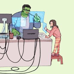 Rule 34 | 1boy, 1girl, animification, avengers: endgame, avengers (series), black-framed eyewear, black eyes, black hair, blue robe, blush, brown eyes, brown hair, cable, chair, child, chinese commentary, colored skin, computer, fingernails, glasses, green background, green skin, grey shirt, hand up, highres, holographic monitor, hulk, index finger raised, jacket, jar, keyboard (computer), long hair, long sleeves, looking at another, looking at object, marvel, marvel cinematic universe, morgan stark, open clothes, open jacket, open mouth, open robe, orange pants, pants, paper, pink jacket, puffy long sleeves, puffy sleeves, purple footwear, robe, shirt, shoes, sidelocks, simple background, smile, standing, striped clothes, striped pants, t-shirt, table, wodeyongheng