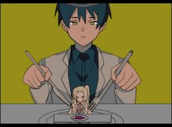 Rule 34 | 1boy, 1girl, angela (project moon), ayin (project moon), black hair, black shirt, coat, collared shirt, fork, highres, holding, holding fork, holding knife, knife, lab coat, lobotomy corporation, long sleeves, mu46016419, plate, project moon, shirt, simple background, table, upper body, white coat, yellow background, yellow eyes
