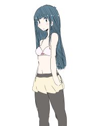 Rule 34 | 1girl, absurdres, black pantyhose, blue eyes, blue hair, bow, bra, closed mouth, dark blue hair, highres, hime cut, kuzutetsu no viper, long hair, looking at viewer, original, pantyhose, red bow, simple background, skirt, solo, underwear, white background, white bra