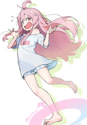 Rule 34 | 1girl, ahoge, barefoot, boxers, commentary request, hibi tsuna, long hair, male underwear, off-shoulder shirt, off shoulder, onii-chan wa oshimai!, open mouth, oversized clothes, oversized shirt, oyama mahiro, pink hair, shirt, solo, surprised, underwear, white background, white shirt