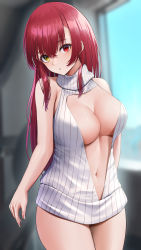Rule 34 | 1girl, :o, absurdres, arm behind back, backwards virgin killer sweater, bare shoulders, blurry, blurry background, breasts, cowboy shot, hair between eyes, hair down, heterochromia, highres, hololive, houshou marine, indoors, laimer, large breasts, long hair, looking at viewer, meme attire, navel, no pants, parted lips, red eyes, red hair, solo, stomach, straight hair, sweater, thighs, turtleneck, turtleneck sweater, virtual youtuber, white sweater, yellow eyes