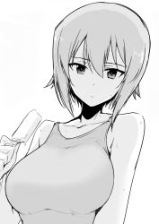 Rule 34 | 10s, 1girl, breasts, expressionless, food, girls und panzer, greyscale, halcon, large breasts, monochrome, nishizumi maho, popsicle, short hair, simple background, solo, white background