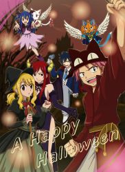 Rule 34 | 2boys, 3girls, bad id, bad pixiv id, blonde hair, blue hair, bluesnowcat, cane, charle (fairy tail), crescent moon, demon tail, demon wings, dress, elbow gloves, erza scarlet, fairy tail, gloves, gray fullbuster, halloween, happy (fairy tail), hat, head wings, horns, jack-o&#039;-lantern, long hair, lucy heartfilia, moon, multiple boys, multiple girls, natsu dragneel, pink hair, red hair, side slit, tail, wendy marvell, wings, witch, witch hat