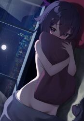 Rule 34 | 1girl, bitseon, blue archive, blue hair, blush, building, city, completely nude, covering body, covering privates, full moon, hair between eyes, hair ornament, hairclip, halo, haruka (blue archive), highres, holding, holding pillow, looking at viewer, lying, moon, night, night sky, nude, nude cover, on side, pillow, purple eyes, revision, shadow, sky, solo, star (sky), starry sky, window
