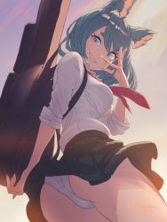 Rule 34 | 1girl, animal ears, aqua eyes, aqua hair, ass, breasts, clothes lift, dated, eyebrows, eyelashes, fang, guitar case, hand on own face, highres, instrument case, looking at viewer, medium breasts, okamocheese, panties, pantyshot, pleated skirt, red neckwear, school uniform, serafuku, short eyebrows, skirt, skirt lift, sleeves rolled up, smirk, solo, twitter username, unbuttoned, underwear, white panties, wind, wind lift