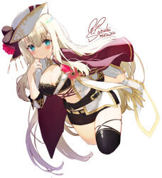 Rule 34 | 1girl, black shorts, black thighhighs, blue eyes, blush, breasts, cleavage, closed mouth, commentary request, cropped legs, flower knight girl, hair between eyes, hand up, hyakunichisou (flower knight girl), jacket, jacket on shoulders, light brown hair, long hair, looking at viewer, medium breasts, red jacket, satsuki misuzu, short shorts, short sleeves, shorts, signature, simple background, solo, thighhighs, very long hair, white background, white headwear, white jacket