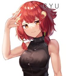 Rule 34 | 1girl, blush, borrowed character, breasts, brown eyes, character name, dayshiart, hair tubes, highres, looking at viewer, medium breasts, open hand, original, red hair, salute, short hair, shrimp hair ornament, solo, white background