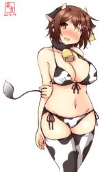Rule 34 | 1girl, alternate costume, animal ears, animal print, artist logo, bikini, breasts, brown hair, cleavage, commentary request, covered erect nipples, cow ears, cow horns, cow print, cow tail, cowboy shot, dated, ear tag, fake animal ears, fake horns, front-tie top, furutaka (kancolle), glowing, glowing eye, heterochromia, highres, horns, kanon (kurogane knights), kantai collection, large breasts, one-hour drawing challenge, short hair, side-tie bikini bottom, sideways glance, simple background, solo, swimsuit, tail, thighhighs, white background, white bikini, white thighhighs, yellow eyes