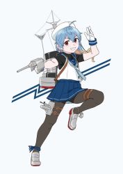 Rule 34 | 1girl, ahoge, bad id, bad twitter id, black pantyhose, blonde hair, blue hair, blue neckerchief, blue skirt, brown eyes, buttons, cannon, full body, gloves, gradient hair, grey footwear, hat, holding, holding weapon, kantai collection, loafers, long hair, looking at viewer, machinery, mast, multicolored hair, neckerchief, ojipon, pantyhose, pleated skirt, sado (kancolle), sailor hat, school uniform, serafuku, shirt, shoes, simple background, skirt, sleeveless, sleeveless shirt, smokestack, solo, thigh strap, turret, undershirt, weapon, white background, white gloves