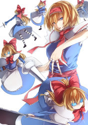 Rule 34 | 1girl, alice margatroid, apron, blonde hair, bloomers, blue dress, blue eyes, bow, capelet, dress, dual wielding, genyaky, hair bow, hairband, highres, holding, jewelry, knife, lance, lolita hairband, long hair, long sleeves, looking at viewer, naginata, necktie, polearm, puppet rings, puppet strings, ring, sash, shanghai doll, shield, short hair, solo, striped clothes, striped thighhighs, sword, thighhighs, touhou, underwear, upskirt, waist apron, weapon, white background