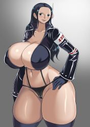 Rule 34 | 1girl, absurdres, alternate costume, arm support, black gloves, black hair, black jacket, breasts, brown eyes, cameltoe, cleavage, curvy, eyelashes, gloves, hamiltan, hand on own hip, headphones, highres, huge breasts, jacket, long hair, micro panties, navel, nico robin, nico robin (egghead), official alternate costume, one piece, panties, revealing clothes, shiny skin, solo, thick thighs, thighs, thong, underwear, wide hips