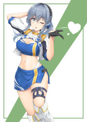Rule 34 | 1girl, arm behind head, arm up, bandeau, black gloves, blowing kiss, blue bandeau, blue eyes, blue hair, blue skirt, boots, breasts, cleavage, gloves, gotland (kancolle), hair between eyes, half gloves, headphones, headset, heart, highres, jacket, kantai collection, knee boots, kodama (mmt uf), large breasts, long hair, looking at viewer, midriff, miniskirt, mole, mole under eye, navel, official alternate costume, one eye closed, race queen, side slit, skirt, solo, stomach, strapless, tube top, white footwear