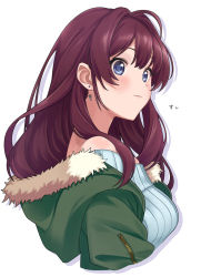 Rule 34 | 1girl, ahoge, blue eyes, blush, breasts, brown hair, closed mouth, earrings, fur-trimmed jacket, fur trim, green jacket, grey sweater, ichinose shiki, idolmaster, idolmaster cinderella girls, idolmaster cinderella girls starlight stage, jacket, jewelry, large breasts, long hair, long sleeves, looking at viewer, off-shoulder sweater, off shoulder, open clothes, open jacket, ribbed sweater, simple background, smile, solo, sweater, wavy hair, white background, wotori
