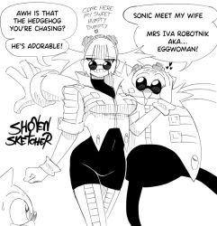 Rule 34 | 1girl, 2boys, bodysuit, breasts, dr. eggman, eggma&#039;am, english text, facial hair, glasses, gloves, goggles, goggles on head, long nose, looking over eyewear, looking over glasses, multiple boys, mustache, navel, shonen sketcher, signature, sketch, sonic (series), sonic the hedgehog, sunglasses, sweatdrop, tagme, tinted eyewear, twintails, wide hips