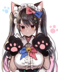 Rule 34 | 1girl, absurdres, animal ears, animal hands, bell, bow, bowtie, breasts, brown hair, cat ears, choker, collared shirt, gloves, greatmosu, grin, habara yutori, hands up, heart, heart choker, highres, indie virtual youtuber, jingle bell, large breasts, long hair, looking at viewer, maid headdress, multicolored bow, multicolored neckwear, neck bell, paw gloves, paw print, red eyes, shirt, smile, solo, twintails, upper body, virtual youtuber, white background, wing collar
