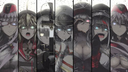 Rule 34 | 6+girls, absurdres, adjusting eyepatch, admiral hipper (azur lane), ahoge, aqua eyes, azur lane, bare shoulders, beret, black gloves, black hair, black hat, blonde hair, blue eyes, blunt bangs, breasts, buttons, choker, cleavage, closed mouth, commentary request, cross, crossed bangs, deutschland (azur lane), disgust, drawing sword, earrings, expressionless, eyepatch, eyes visible through hair, floating hair, fur trim, garrison cap, glasses, gloves, glowing, glowing eyes, gneisenau (azur lane), goggles, goggles on headwear, graf zeppelin (azur lane), green eyes, gun, hair between eyes, hair ornament, half-closed eyes, hand on own chin, hat, highres, holding, holding gun, holding sword, holding weapon, iron cross, jacket, jewelry, large breasts, light particles, long hair, looking at viewer, military, military uniform, mole, mole under eye, multicolored clothes, multicolored gloves, multicolored hair, multicolored jacket, multiple girls, open mouth, parka (summersketch), peaked cap, pointing, pointing at viewer, reaching, reaching towards viewer, red-framed eyewear, red eyes, red hair, scharnhorst (azur lane), serious, shaded face, sheath, shirt, short hair, sidelocks, silver hair, smile, streaked hair, sword, teeth, tirpitz (azur lane), tongue, two side up, underboob, uniform, unsheathing, very long hair, weapon, white gloves, white shirt, wind, yellow eyes, z46 (azur lane)