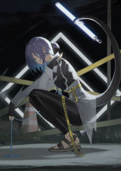 Rule 34 | 1girl, arknights, asbestos (arknights), asbestos (glen sonata) (arknights), black nails, black pants, closed mouth, cuffs, ear piercing, eyepatch, from side, full body, glowstick, handcuffs, haocong33, highres, holding, long sleeves, looking at viewer, looking to the side, nail polish, night, night sky, official alternate costume, one eye covered, outdoors, pants, piercing, prehensile tail, purple hair, sandals, see-through, short hair, short ponytail, sky, smile, squatting, star (sky), starry sky, tail, tight clothes, tight pants, toenail polish, toenails, traffic cone